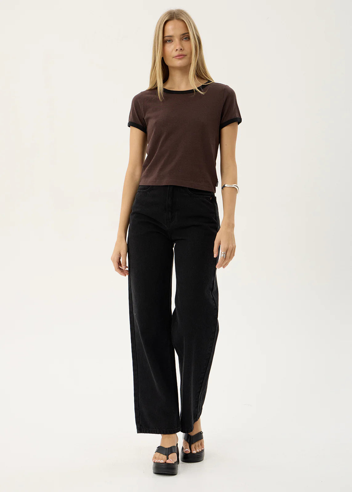 AFENDS Womens Carmen - Baby Ringer Tee - Coffee / Black