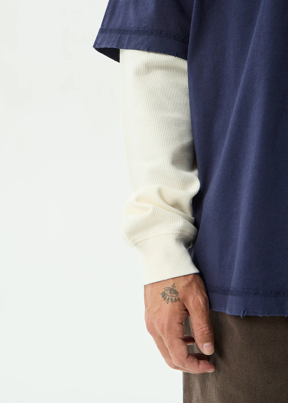 AFENDS Mens Chains - Heavyweight Layered Waffle Long Sleeve Tee - Washed Deep Sea