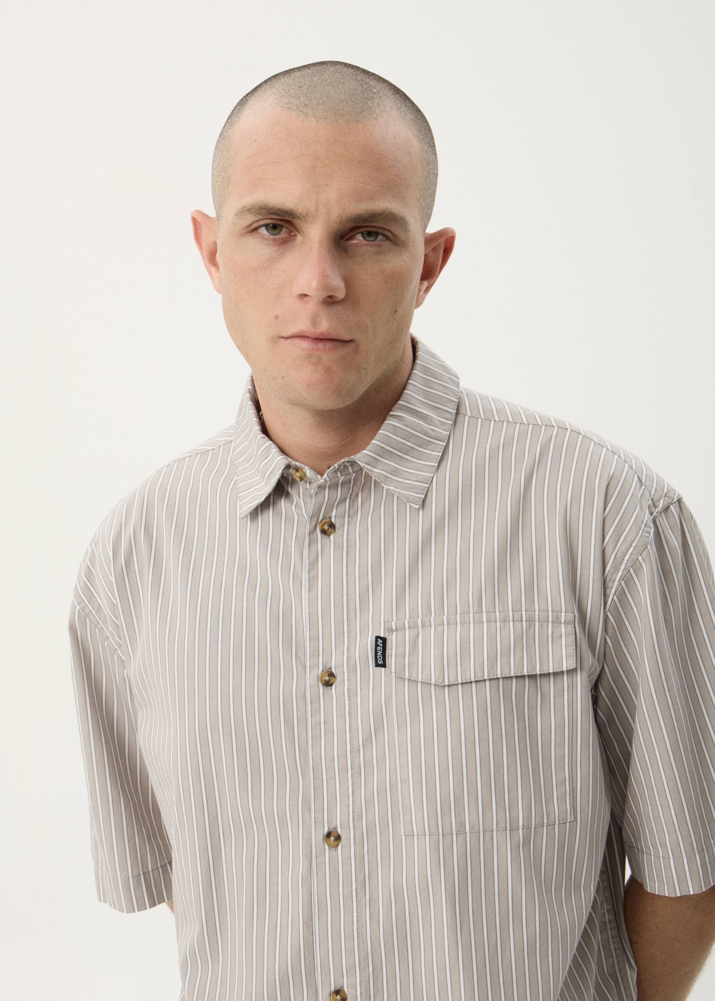 AFENDS Mens Lennox - Short Sleeve Shirt - Olive Stripe