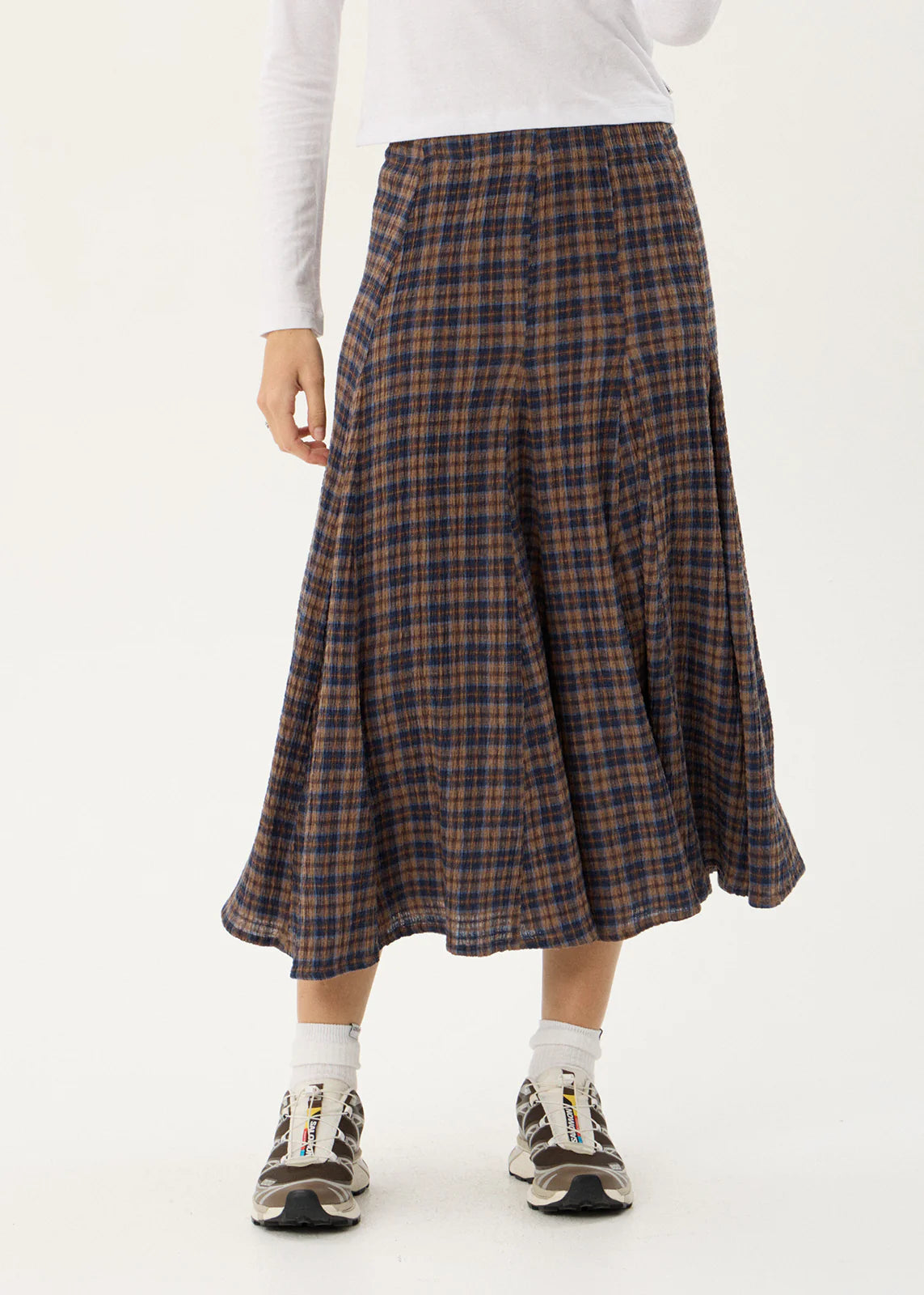 AFENDS Womens Lana - Seersucker Midi Skirt - Shev Indigo Check