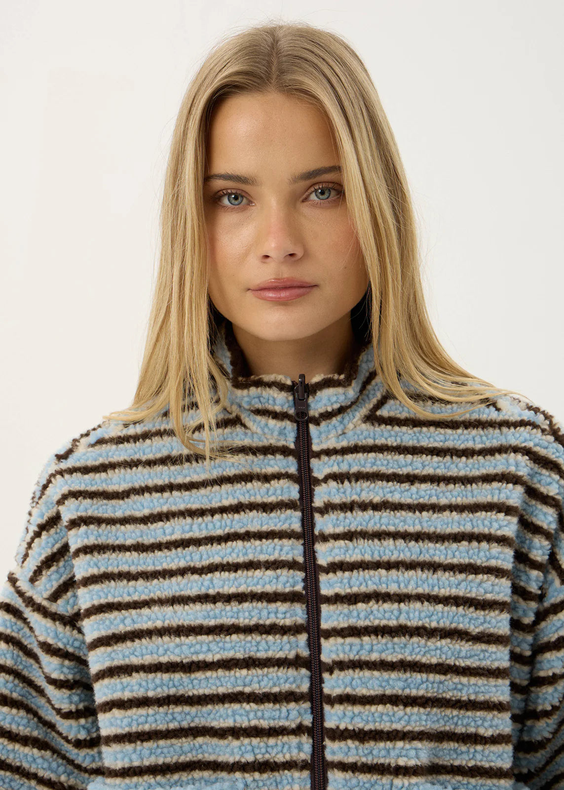 AFENDS Womens Berlin - Reversible Polar Fleece Jacket - Coffee / Blue Stripe