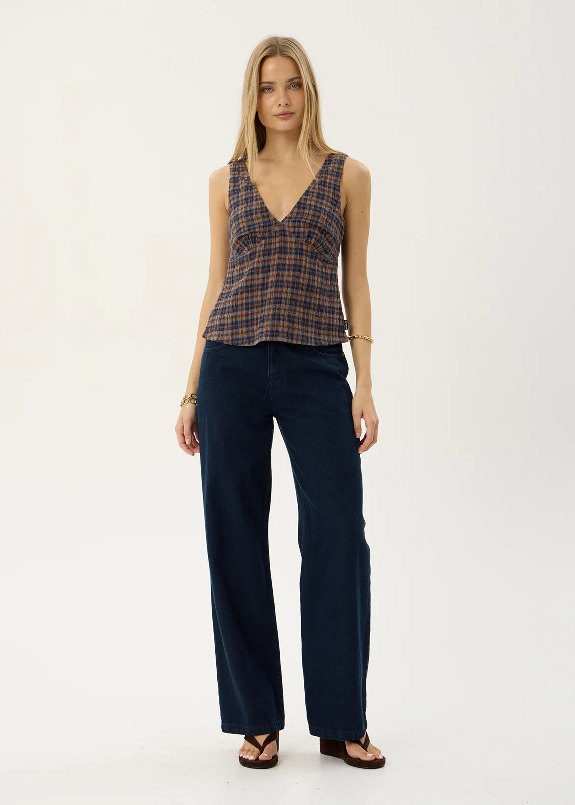 AFENDS Womens Giselle - Seersucker Top - Shev Indigo Check