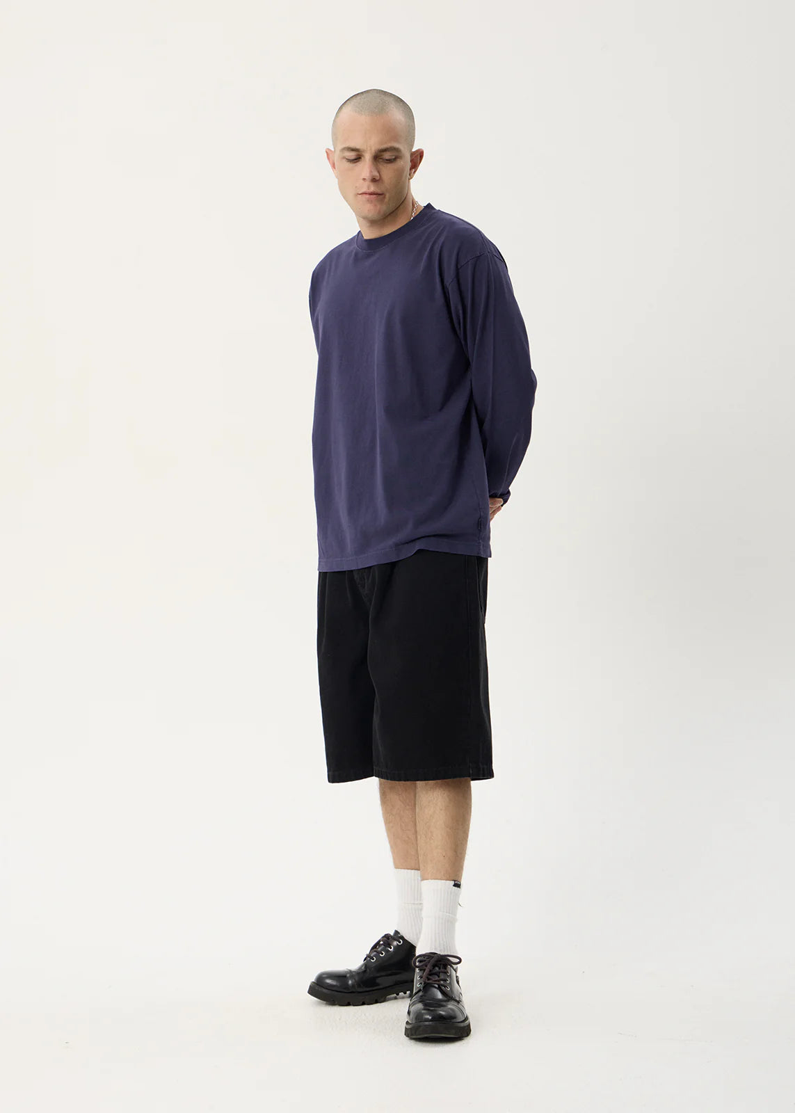AFENDS Mens Genesis - Boxy Long Sleeve Tee - Washed Deep Sea