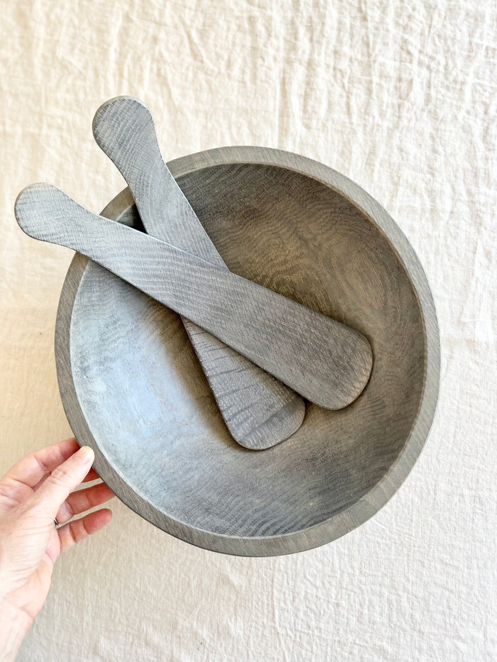 smoke wood bowls top view with matching salad servers