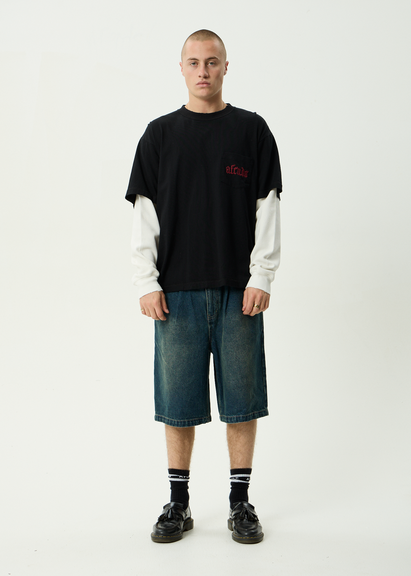 AFENDS Mens Drop Zone - Layered Waffle Long Sleeve Tee - Stone Black