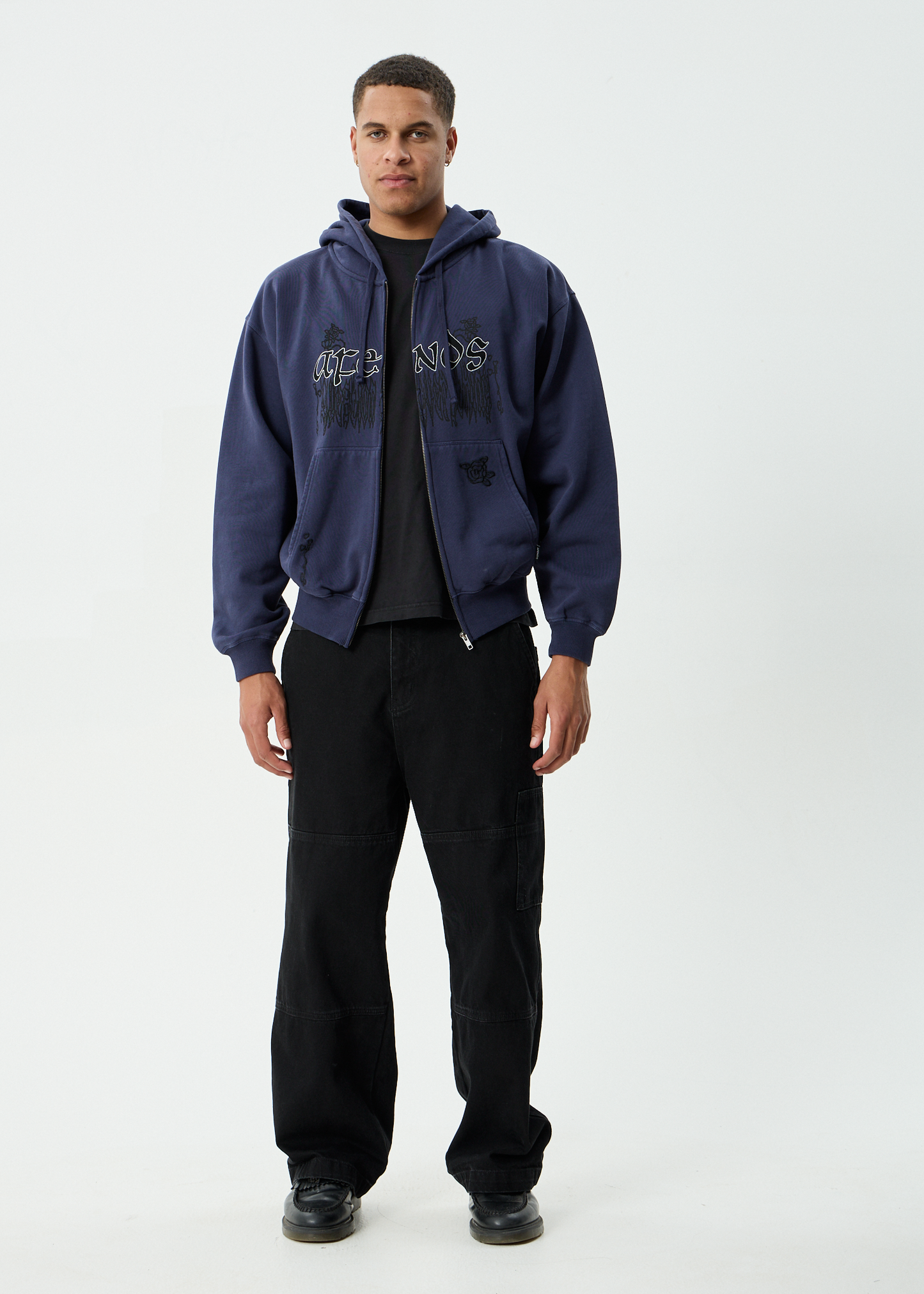AFENDS Mens Pent-A-Gone - Boxy Zip Hood - Washed Deep Sea