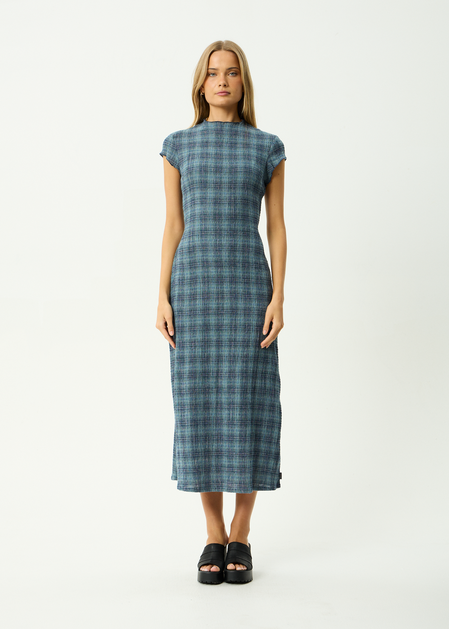 AFENDS Womens Elodie - Seersucker Midi Dress - Position Navy Check