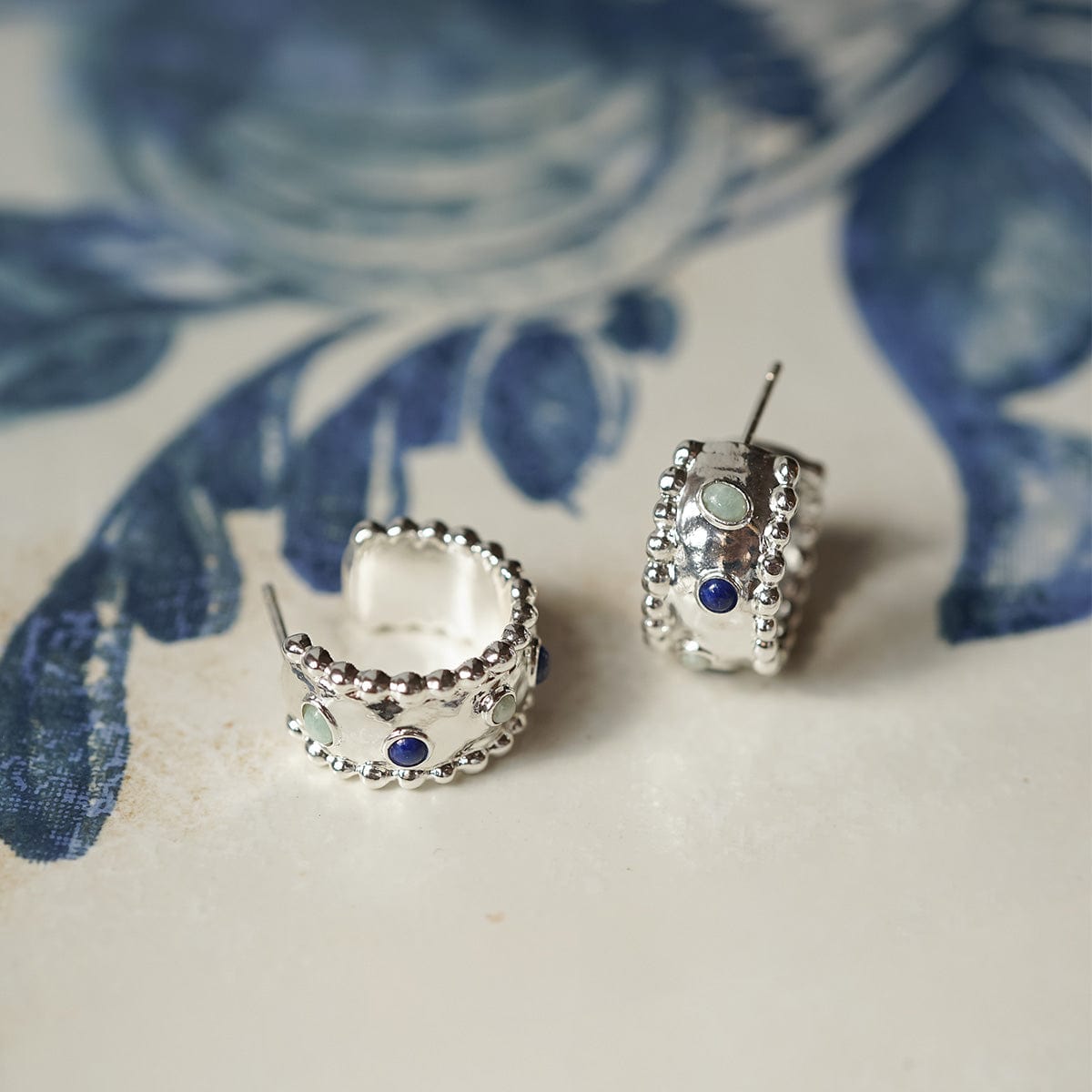 Amulet Stone Hoop Earrings Silver Plate