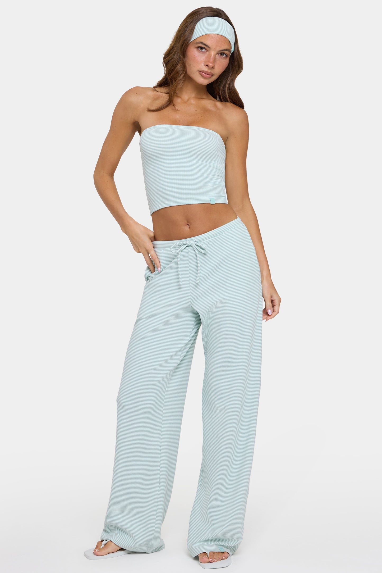Ribbed Jersey Low-Rise Trousers in Mint Stripe