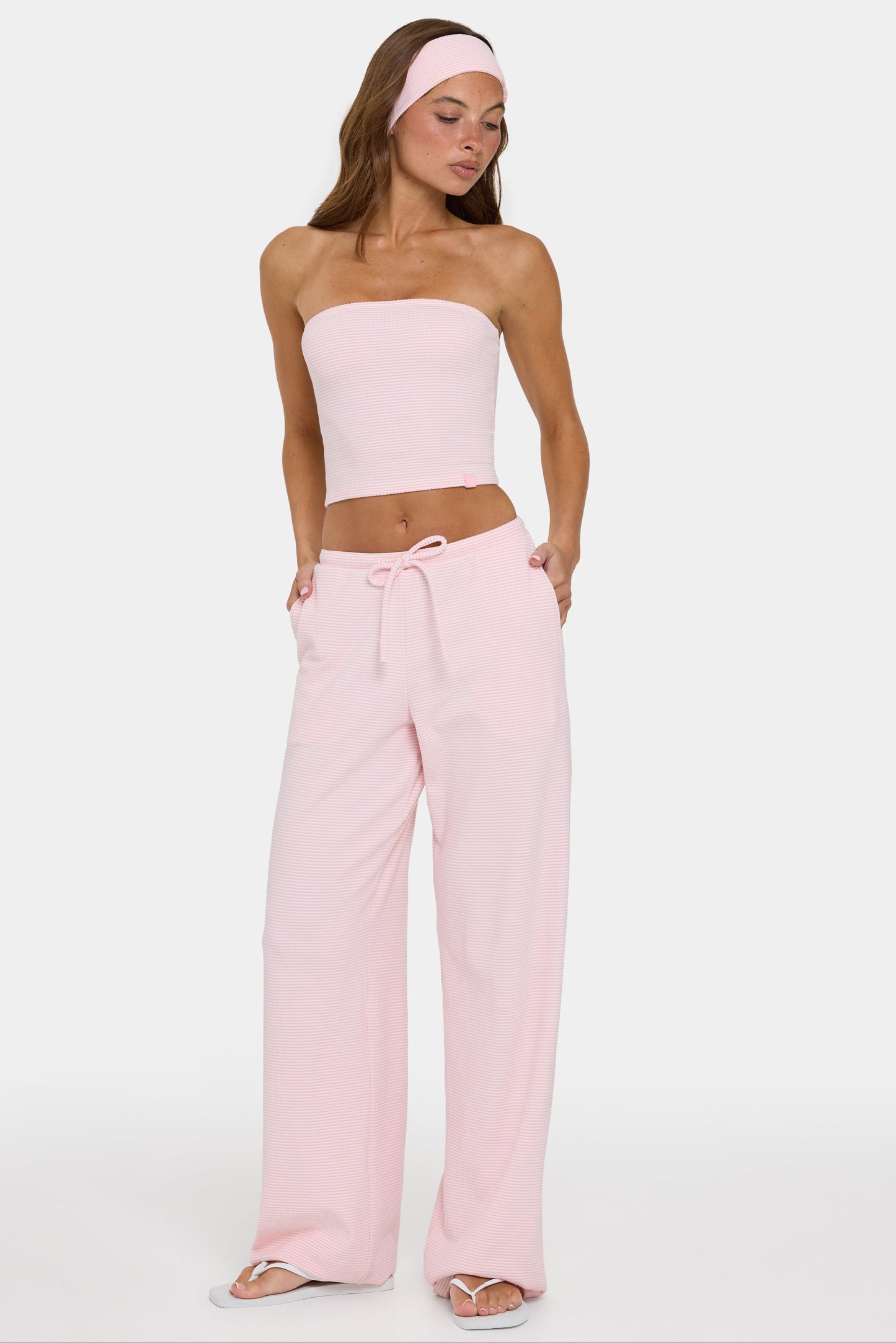 Ribbed Jersey Low-Rise Trousers in Peach Stripe