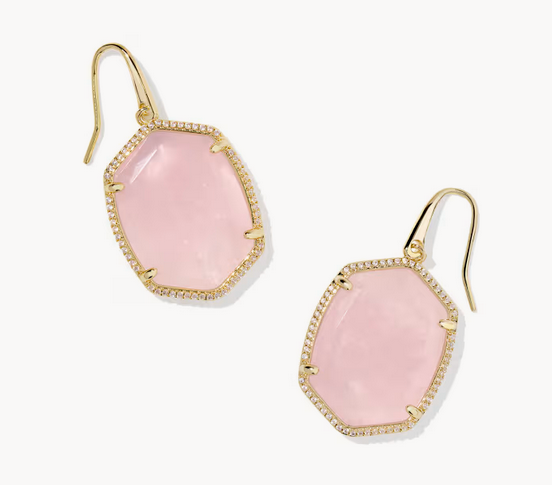 Breast Cancer Awareness Daphne Pave Frame Drop Earrings Rose Quartz Gold