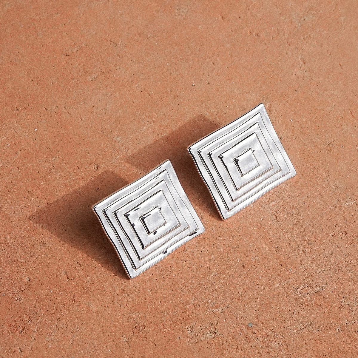 Oversized Strata Square Studs Earrings Silver Plate