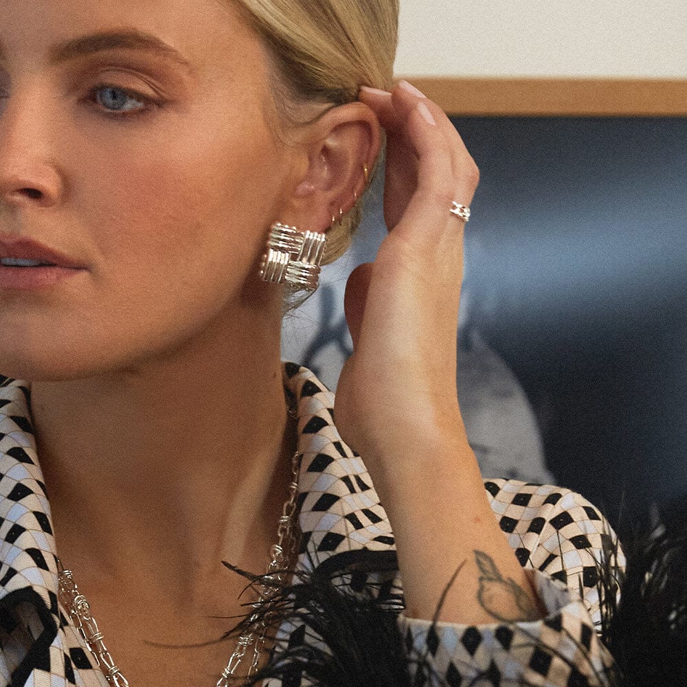 Polly Oversized Lattice Stud Earrings Silver Plate