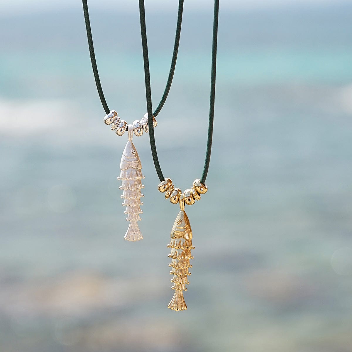 Polly Beach Pearl and Fish Cord Necklace Layering Set Sterling Silver