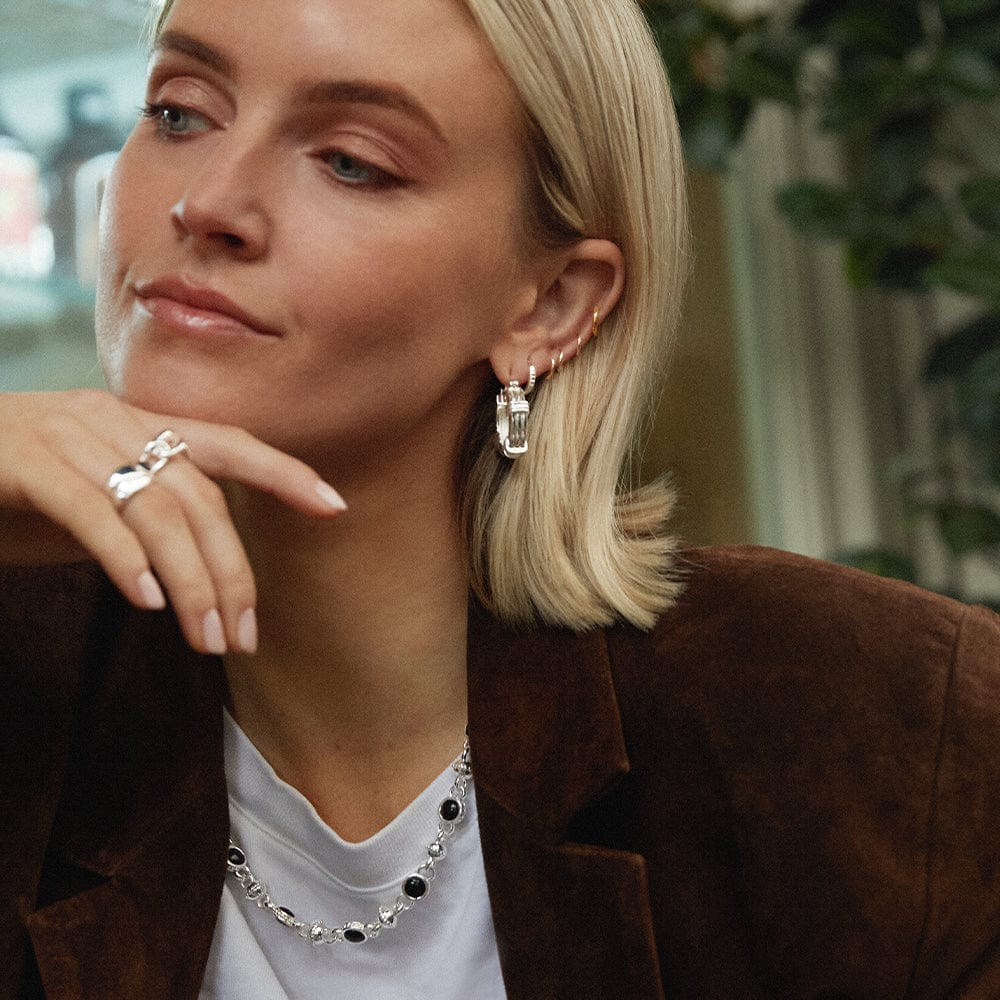Polly Triple Ridge Chunky Hoop Earrings Silver Plate