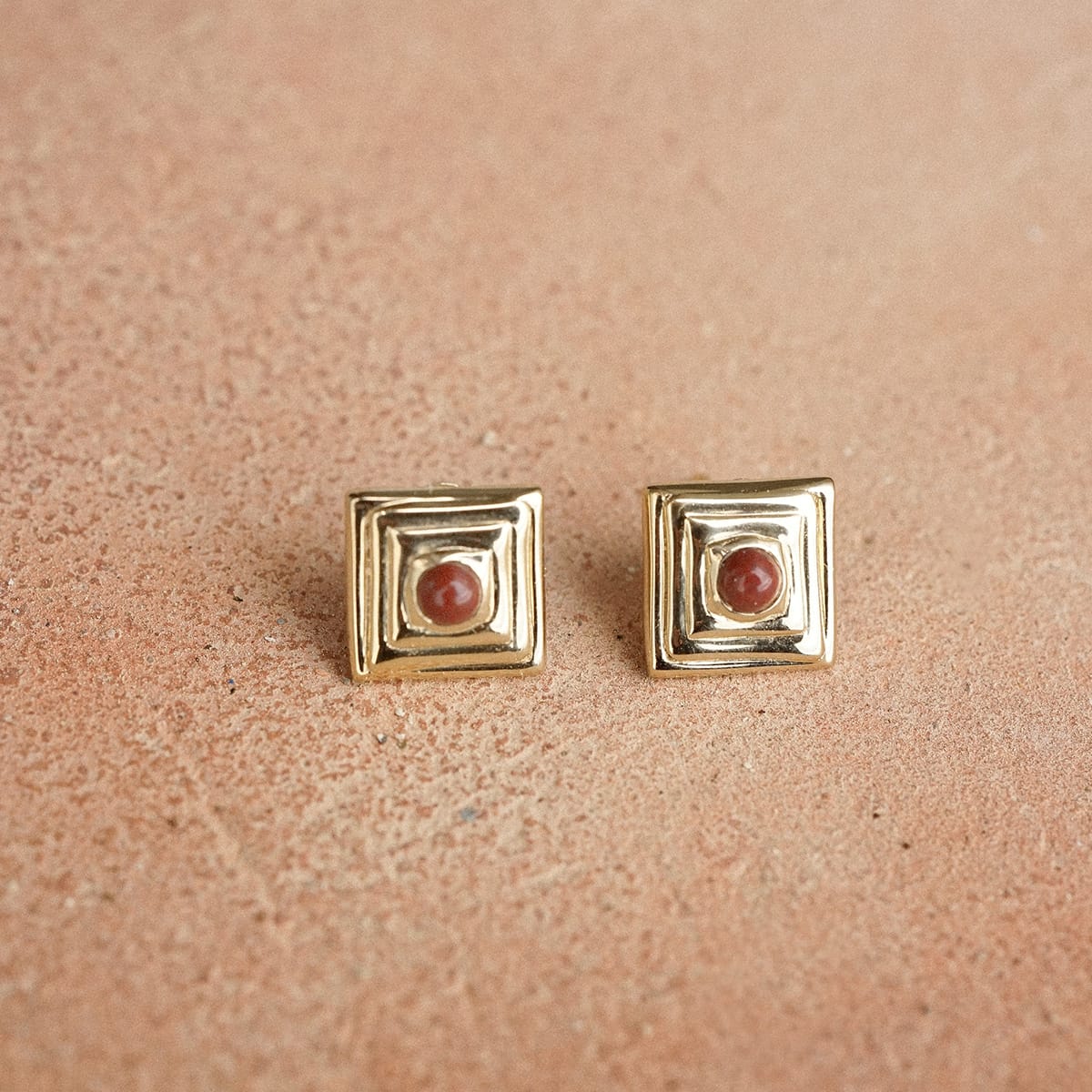 Red Jasper Mini Square Stud Earrings 18ct Gold Plate