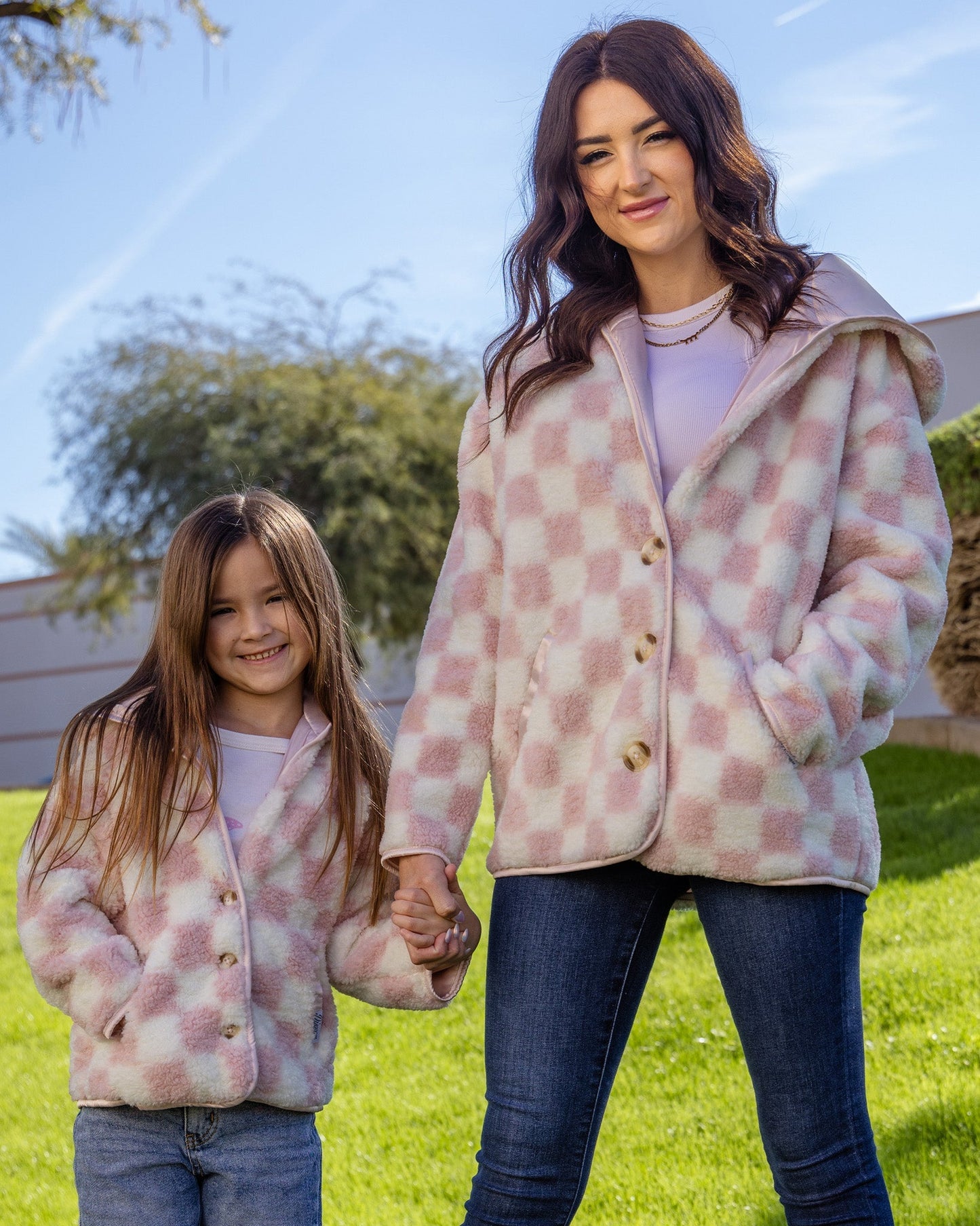 Youth Checkered Sherpa Cardigan - Pink & Cream