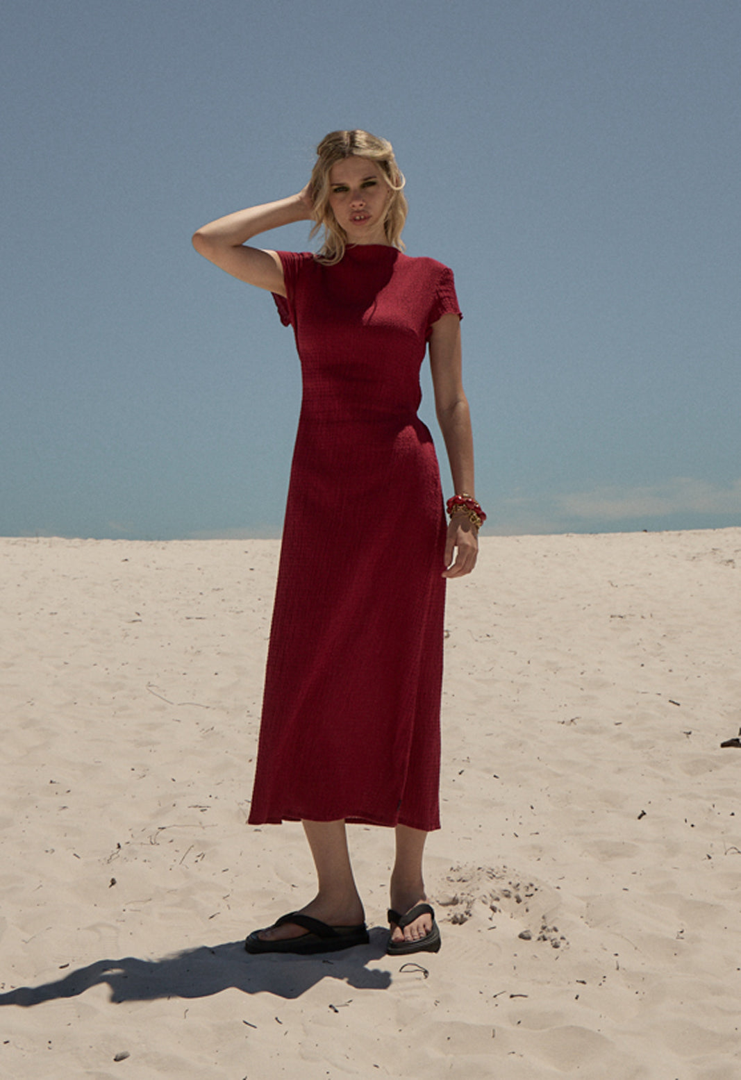 AFENDS Womens Elodie - Hemp Seersucker Midi Dress - Burgundy