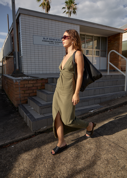 AFENDS Womens Halle - Linen Maxi Dress - Deep Olive