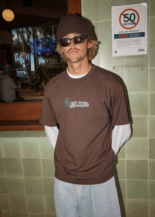 AFENDS Mens Labyrinth - Boxy Tee - Washed Coffee