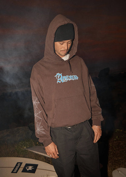 AFENDS Mens Labyrinth - Boxy Pull On Hood - Washed Coffee