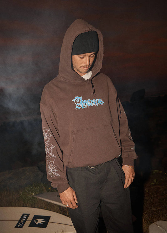 AFENDS Mens Labyrinth - Boxy Pull On Hood - Washed Coffee