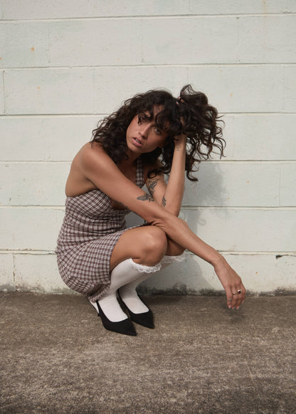AFENDS Womens Montana - Seersucker Halter Mini Dress - Coffee Check