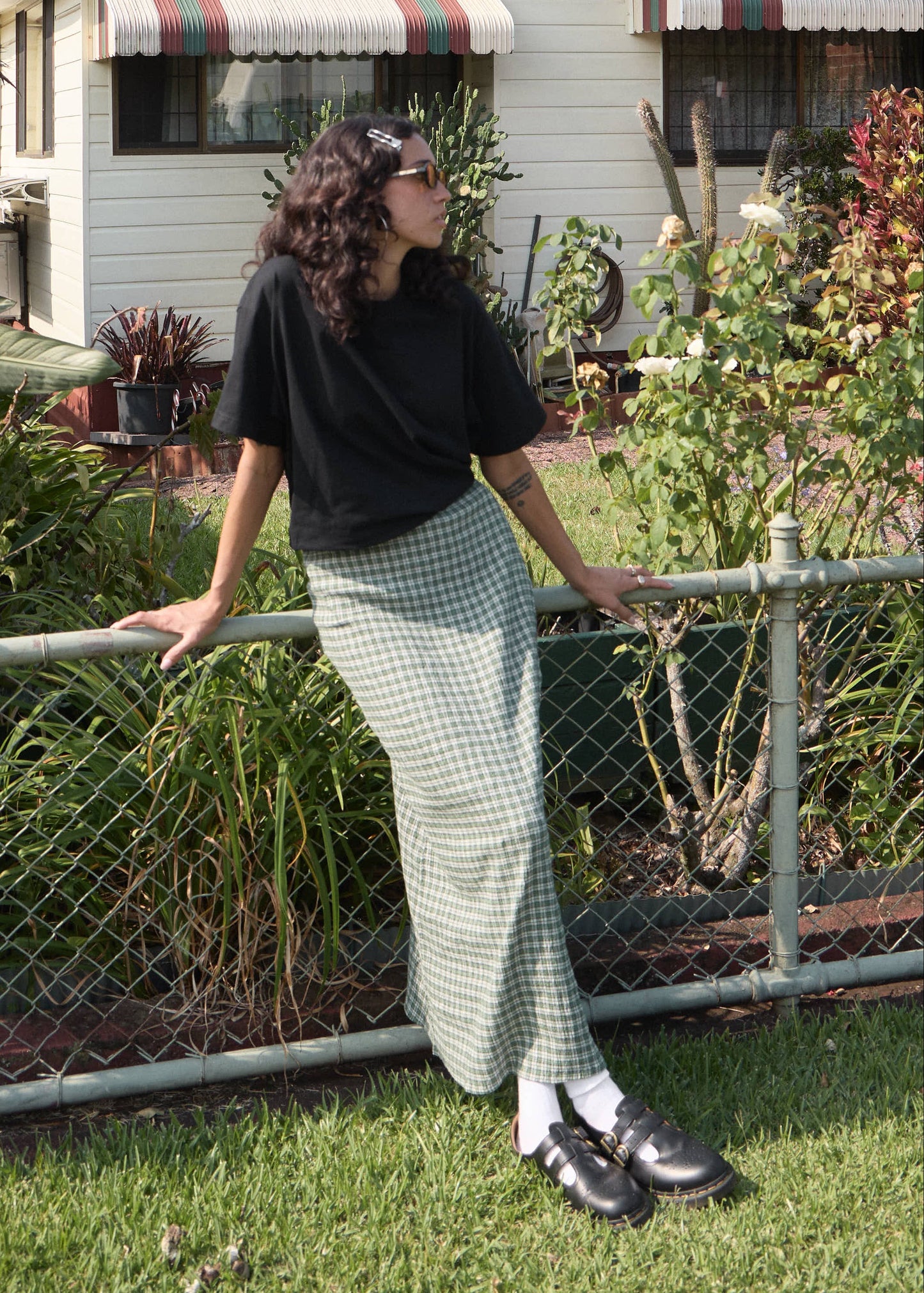 AFENDS Womens Lita - Seersucker Maxi Skirt - Base Deep Green Check