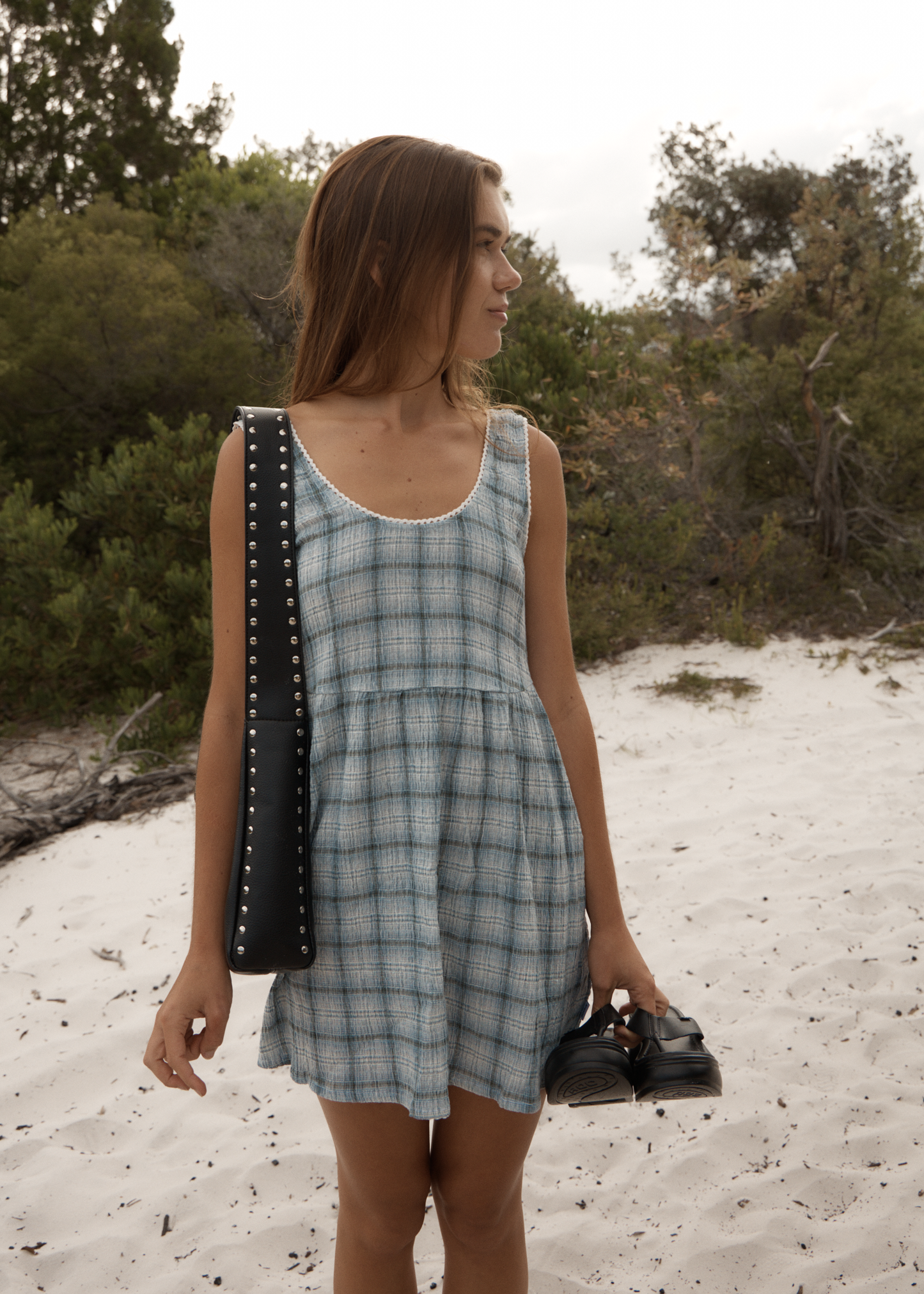 AFENDS Womens Jesse - Seersucker Mini Dress - Overcast Check