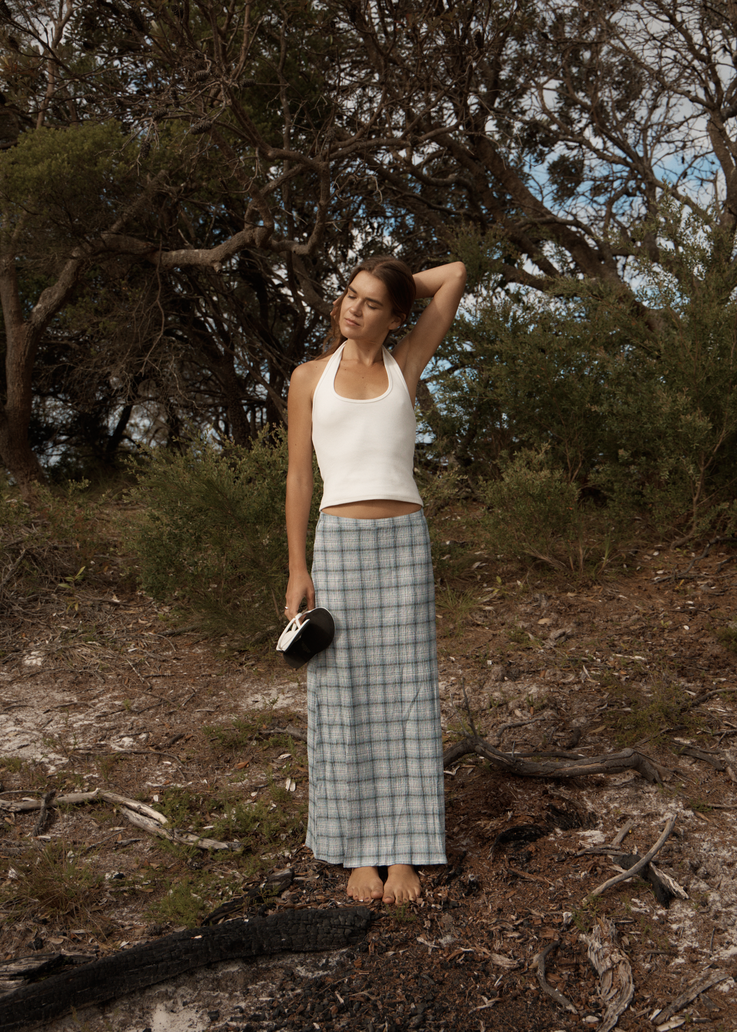 AFENDS Womens Lita - Seersucker Maxi Skirt - Lagoon Overcast Check