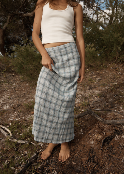 AFENDS Womens Lita - Seersucker Maxi Skirt - Lagoon Overcast Check