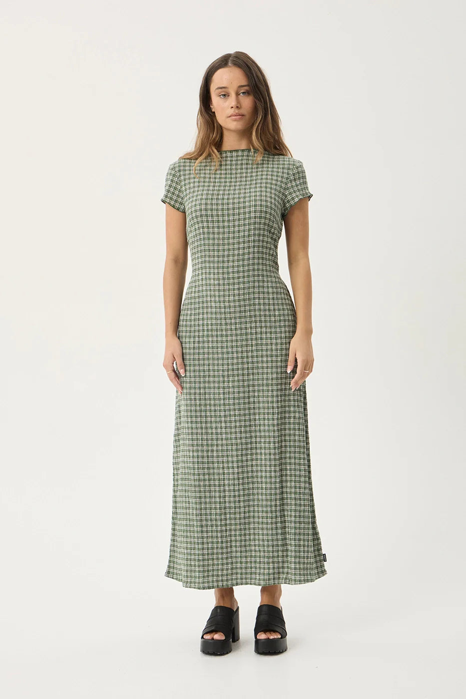 AFENDS Womens Elodie - Seersucker Midi Dress - Base Deep Green Check
