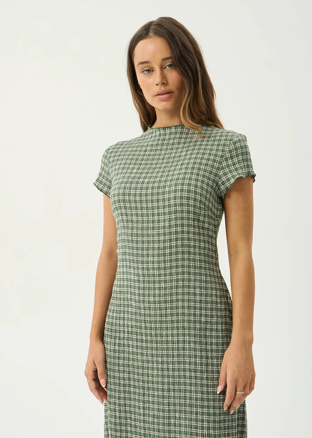 AFENDS Womens Elodie - Seersucker Midi Dress - Base Deep Green Check