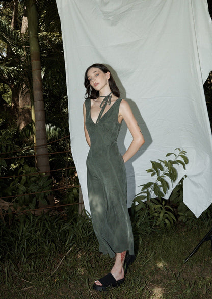 AFENDS Womens Gia - Cupro Maxi Dress - Deep Green