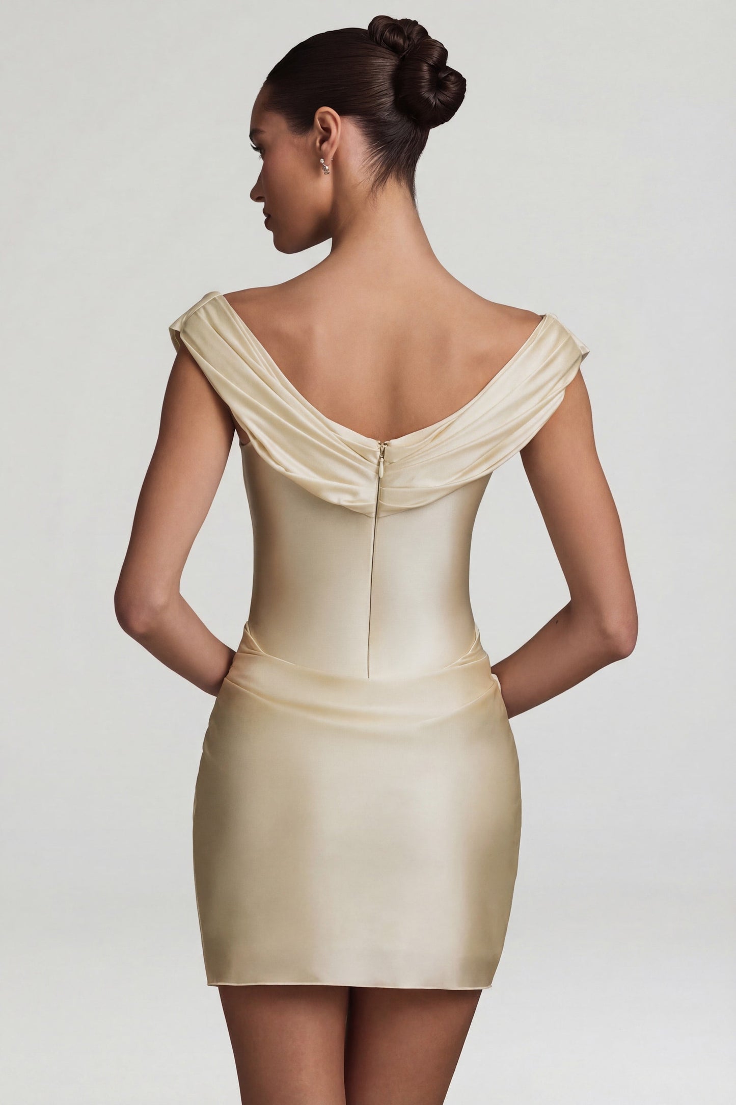 Satin Off-Shoulder Draped Mini Dress in Pearl