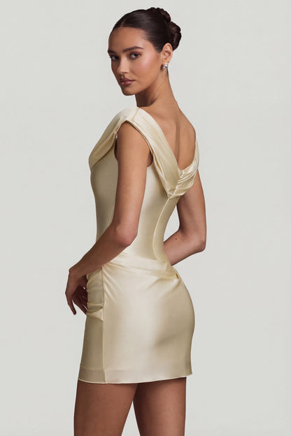 Satin Off-Shoulder Draped Mini Dress in Pearl