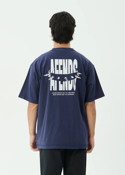 AFENDS Mens Bad Dog - Heavyweight Boxy Tee - Washed Deep Sea