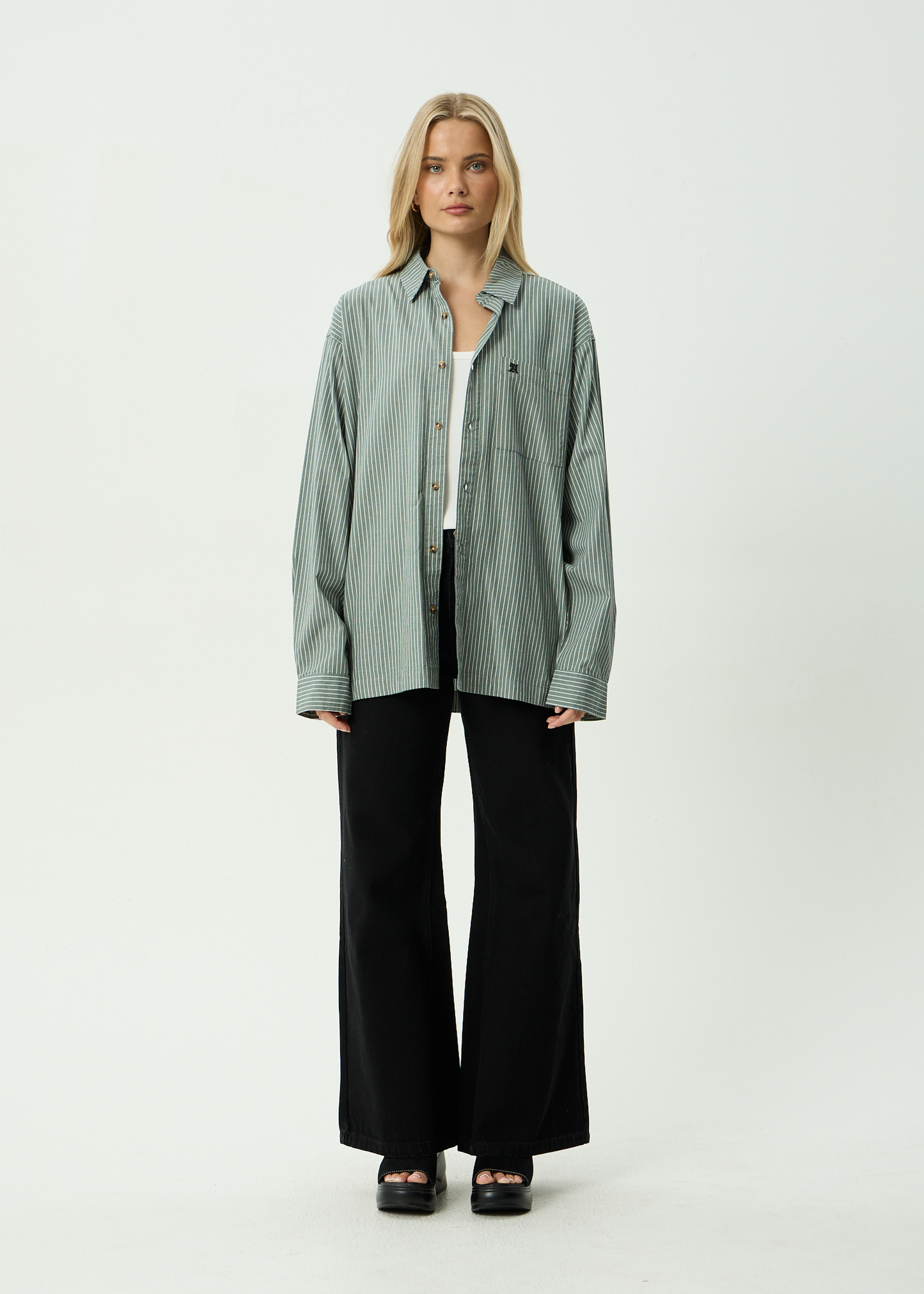 AFENDS Mens Pinned - Oversized Striped Long Sleeve Shirt - Sycamore Stripe