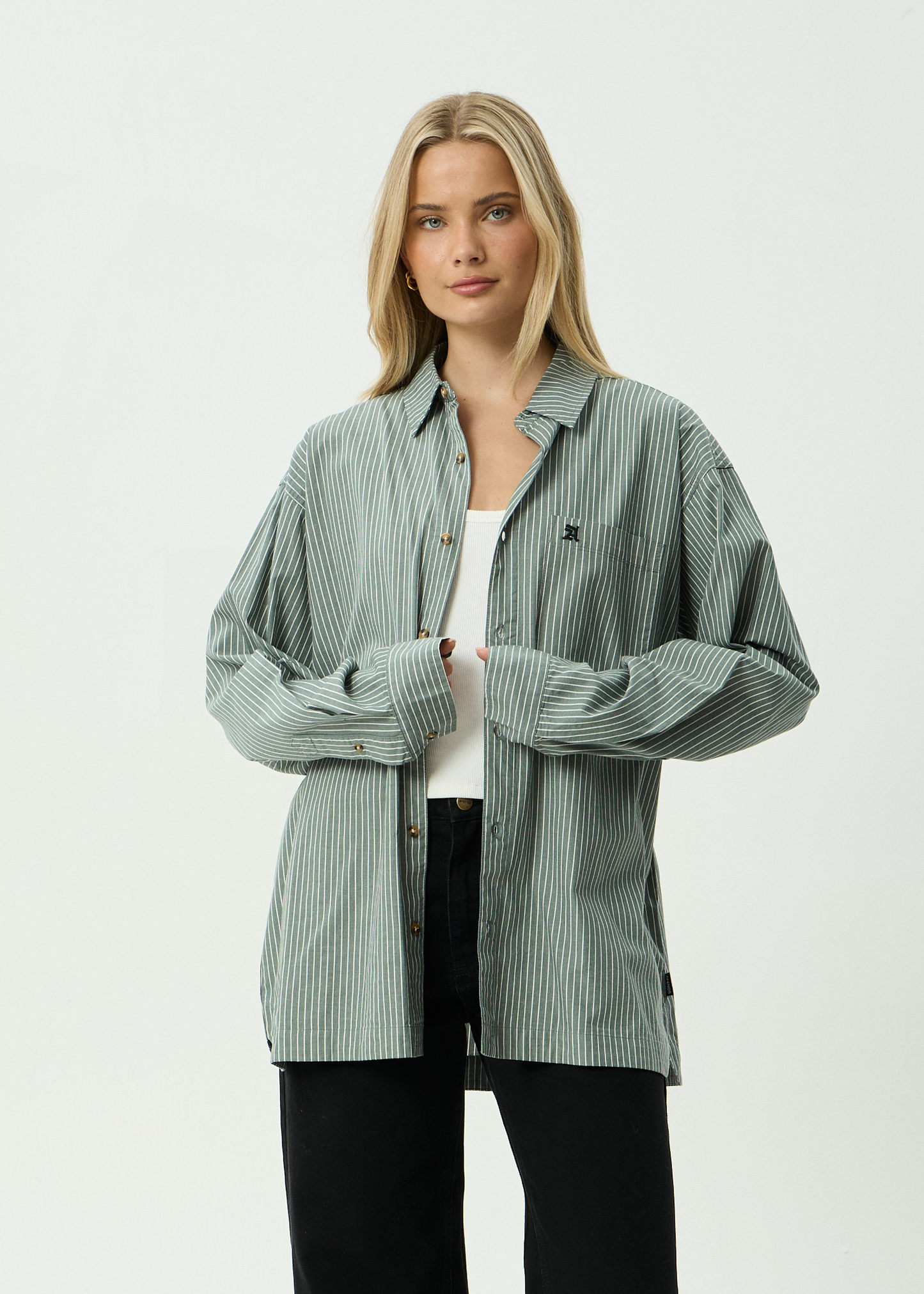 AFENDS Mens Pinned - Oversized Striped Long Sleeve Shirt - Sycamore Stripe