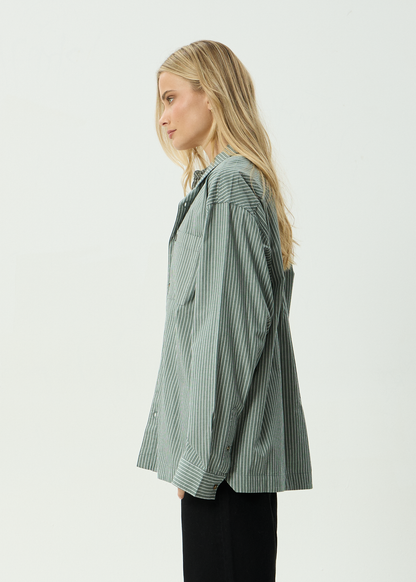 AFENDS Mens Pinned - Oversized Striped Long Sleeve Shirt - Sycamore Stripe