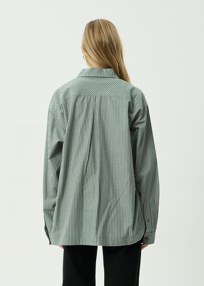 AFENDS Mens Pinned - Oversized Striped Long Sleeve Shirt - Sycamore Stripe
