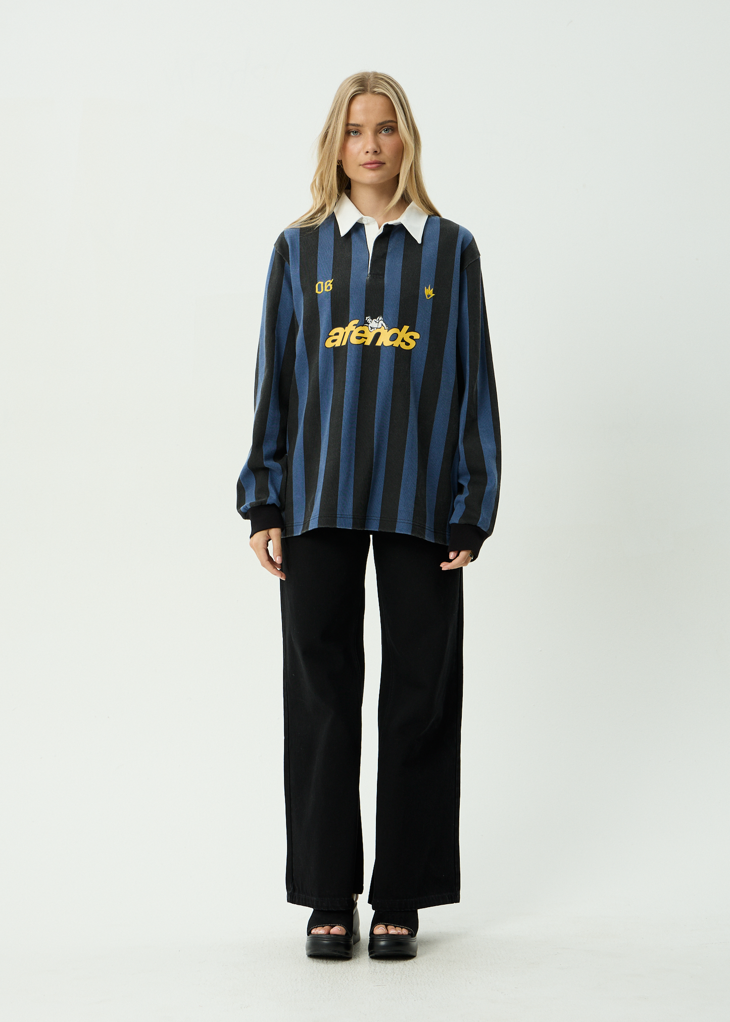 AFENDS Mens Angel Boy - Rugby Long Sleeve Tee - Black Stripe