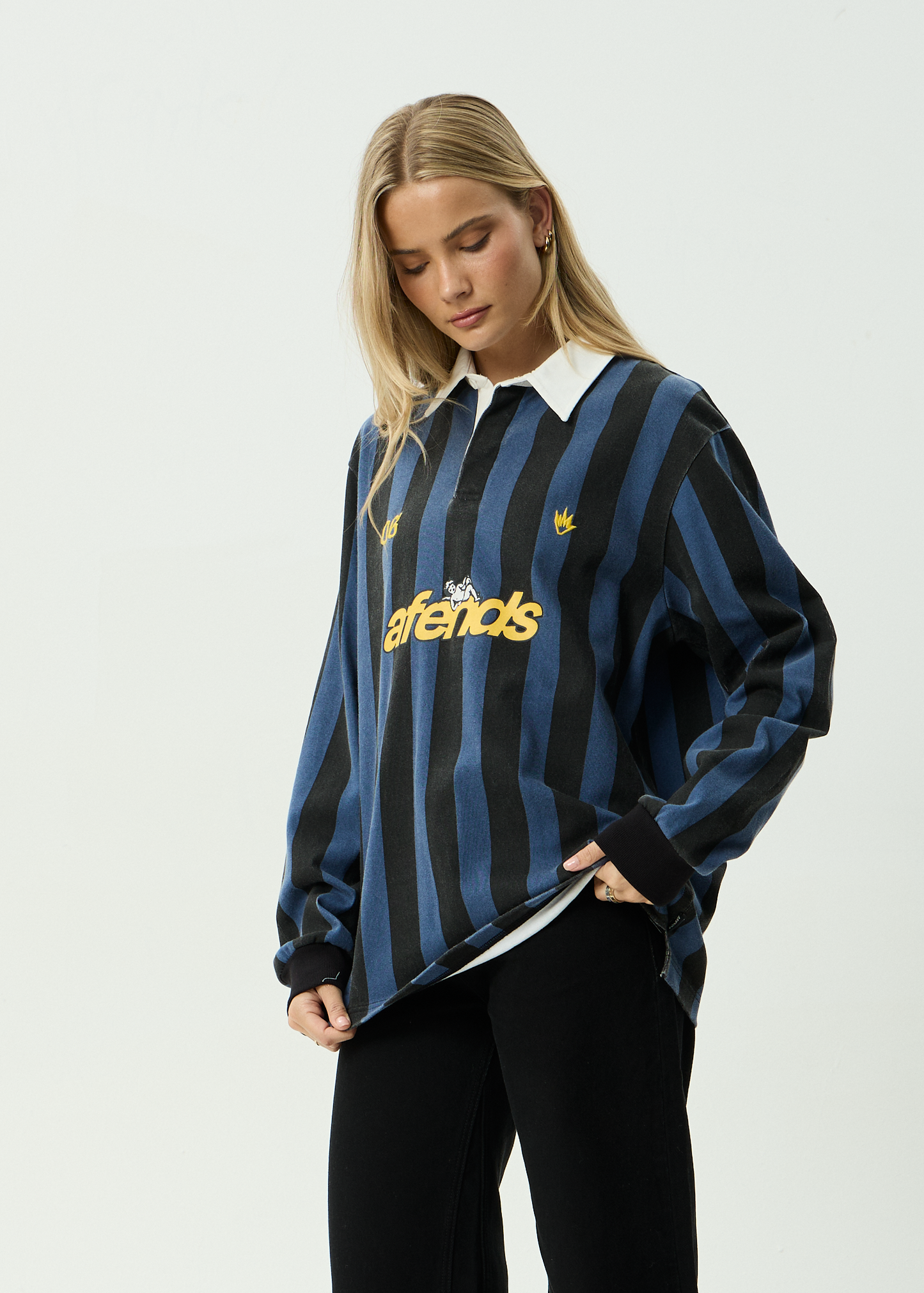 AFENDS Mens Angel Boy - Rugby Long Sleeve Tee - Black Stripe