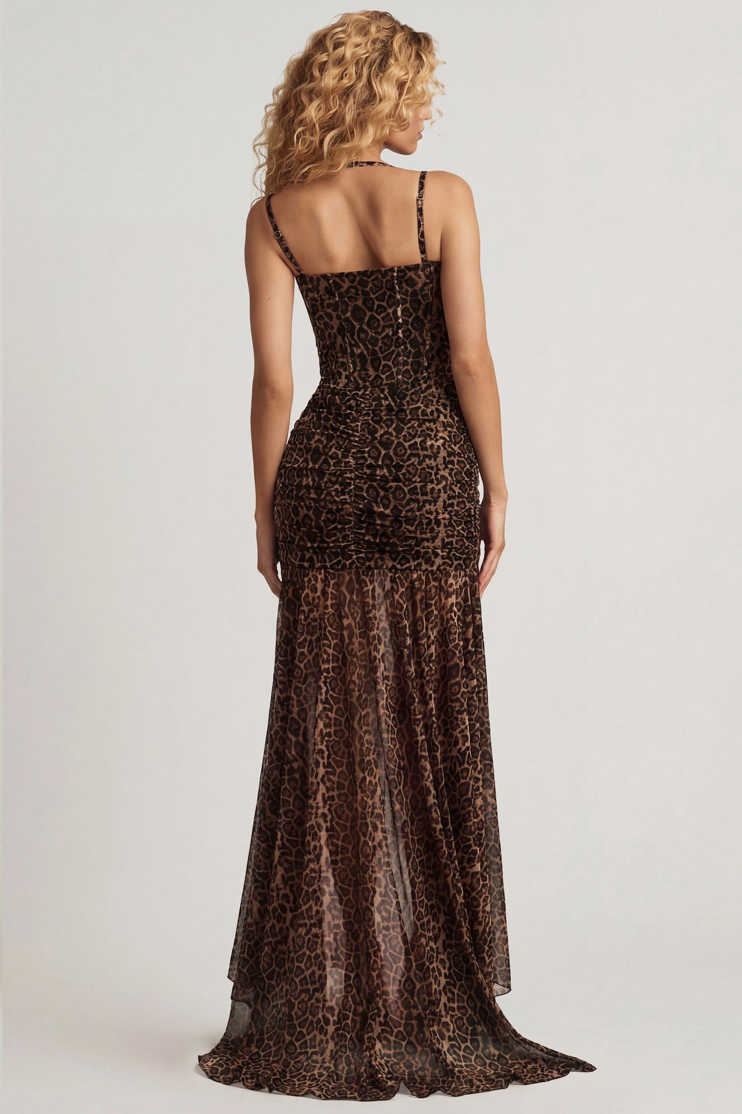 Ruched Asymmetric Corset Gown in Leopard Print