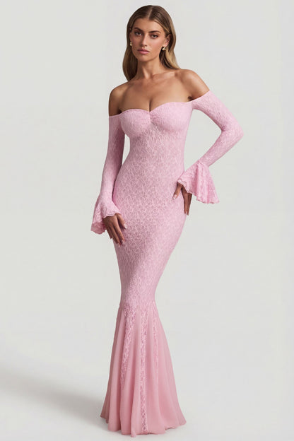 Off-Shoulder Ruffle Lace Maxi Dress in Soft Pink