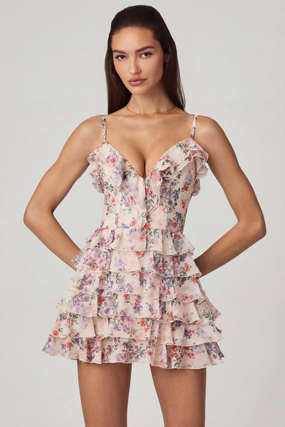 Ruffled Lace-Up A-Line Mini Dress in Primrose Floral Print