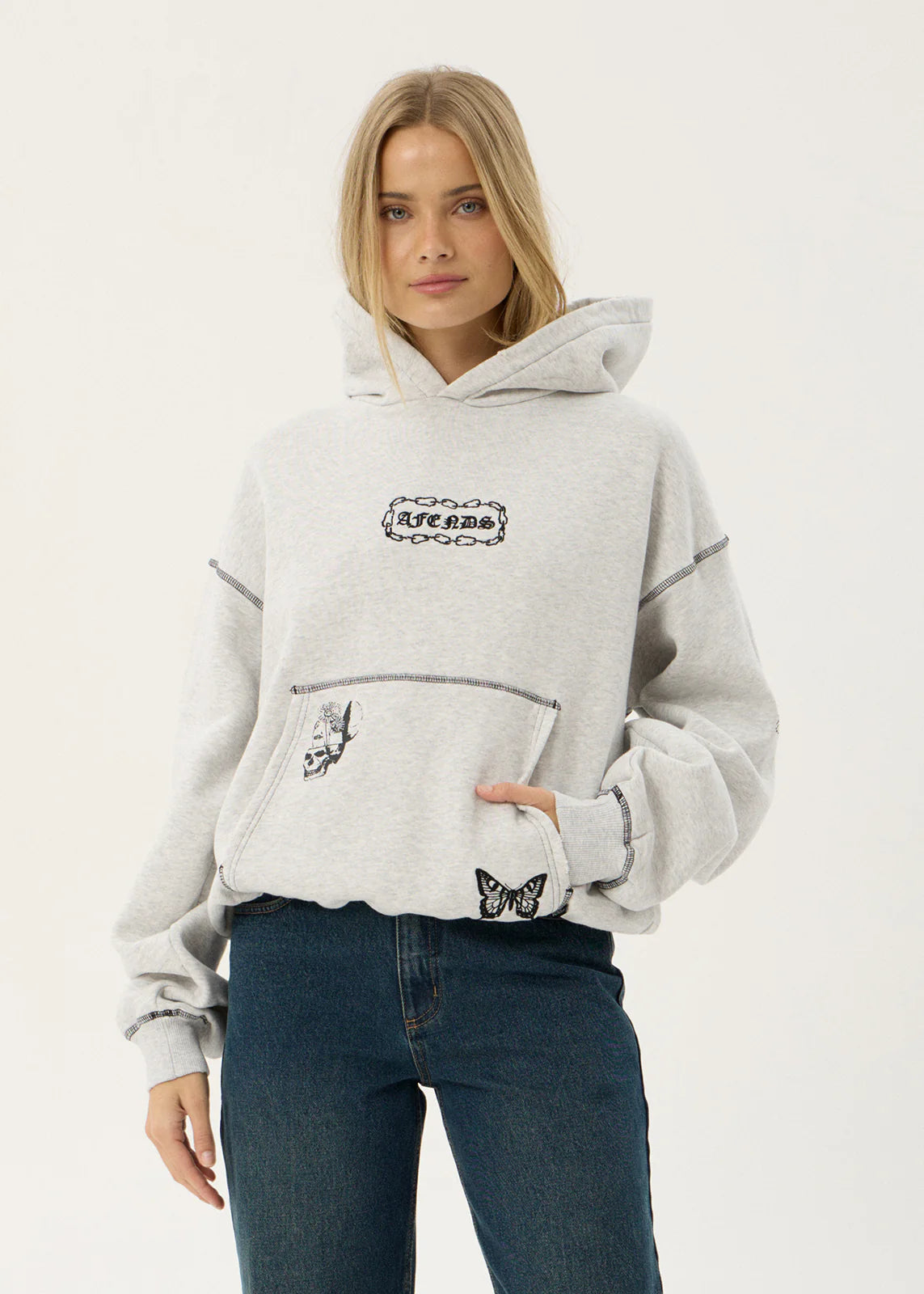 AFENDS Mens Spiritual - Distressed Boxy Hood - Grey Marle