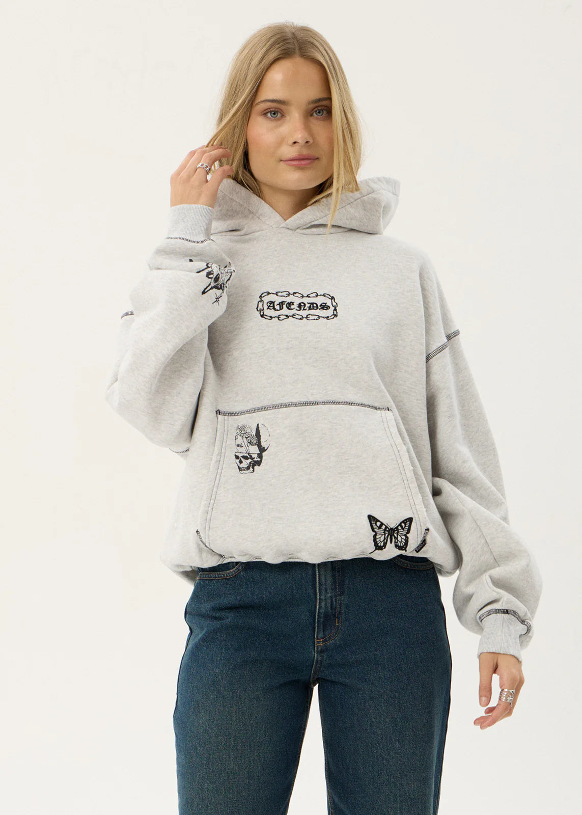 AFENDS Mens Spiritual - Distressed Boxy Hood - Grey Marle