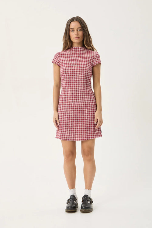 AFENDS Womens Elodie - Seersucker Mini Dress - Base Burgundy Check