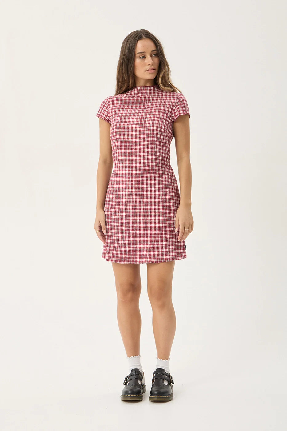 AFENDS Womens Elodie - Seersucker Mini Dress - Base Burgundy Check